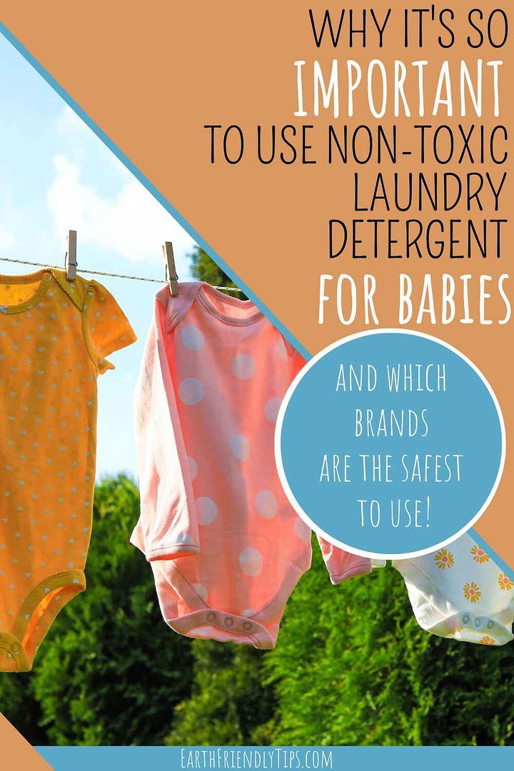 Picture of baby clothes hanging outside on clothesline with text overlay Why It's so Important to Use Non-Toxic Laundry Detergent for Babies and Which Brands Are the Safest to Use