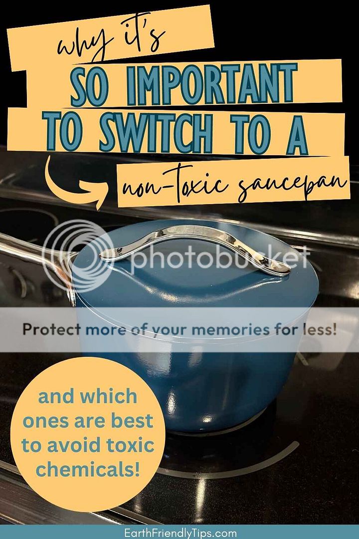 Picture of ceramic saucepan on stovetop with text overlay Why It's so Important to Switch to a Non-Toxic Saucepan and Which Ones are Best to Avoid Toxic Chemicals