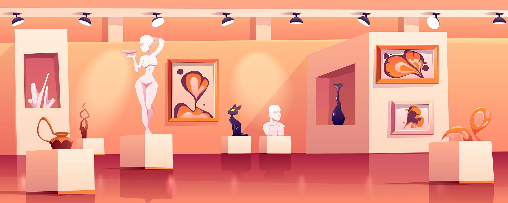 A modern art gallery with abstract paintings, sculptures, and pottery on display in a room with warm hues.