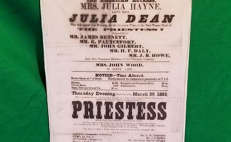 Boston Theatre - Theater Playbill: The American Actress, Mrs Julia Hayne, Late Miss Julia Dean Will Appear... In the New Tragic Play of the Priestess... To Conclude with the Operatic Bagatelle of Jenny Lind... By Mrs. John Wood