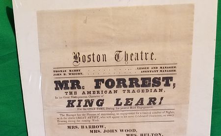 Boston Theatre - Theater Playbill: Boston Theatre, Thomas Barry, Lessee and Manager. Mr. Forrest, the American Tragedian in His Great Shakespearean Character of King Lear... Friday Evening, Nov. 9, 1855...