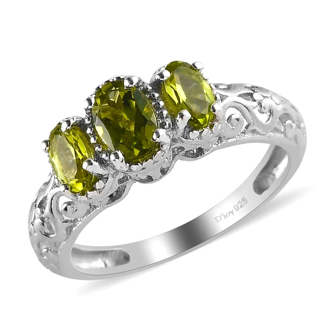 925 Sterling Silver Platinum Plated Peridot 3 Stone Ring Ct 1 Birthday Gifts