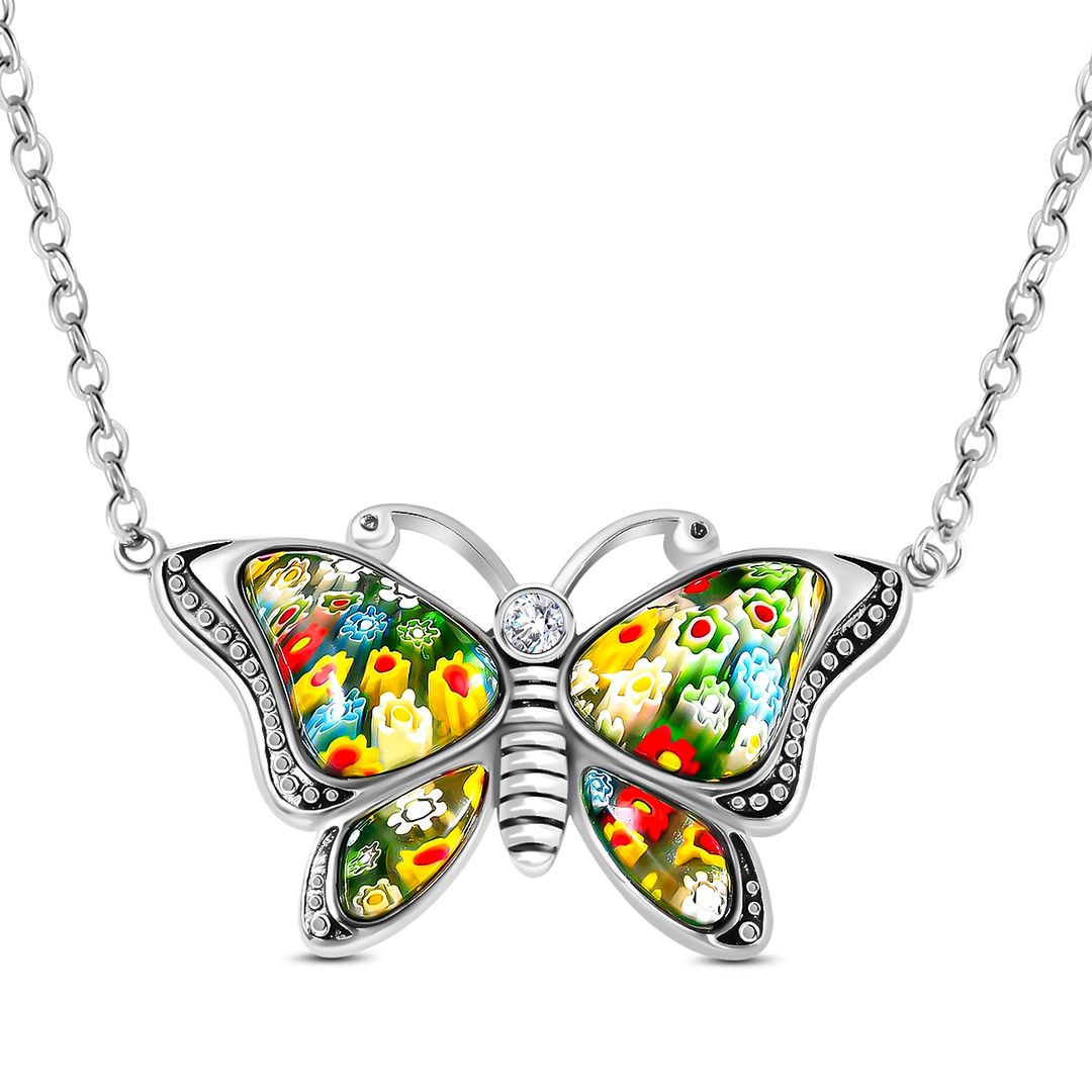 Murano Millefiori Glass, White Crystal Steel Butterfly Necklace 20" 20.2 Gift