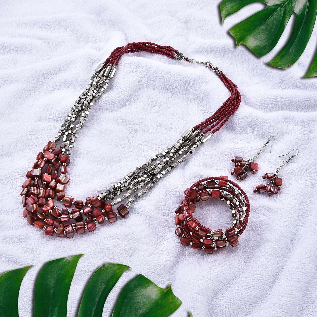 Handmade Red Jewelry Sets Seed Bead Bracelet Earring Necklace Multi Layer 22" - Picture 2 of 12