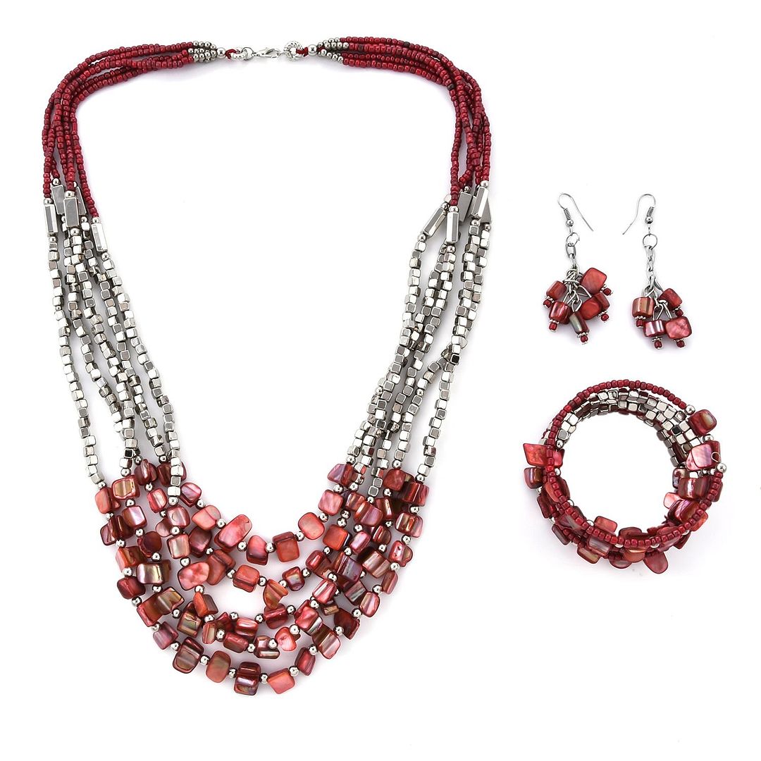 Handmade Red Jewelry Sets Seed Bead Bracelet Earring Necklace Multi Layer 22"