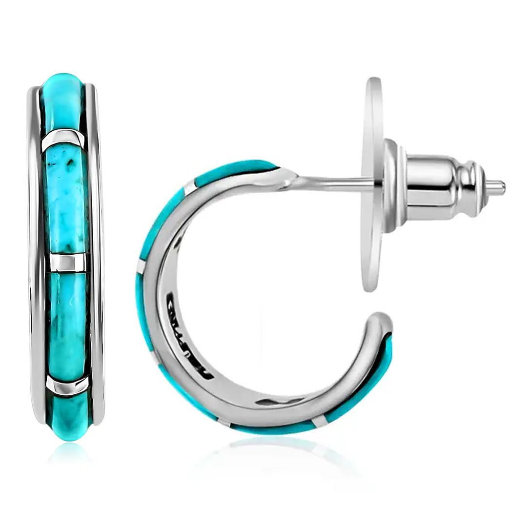 Santa Fe Style Blue Turquoise J-Hoop Earrings for Women 925 Sterling Silver Gift