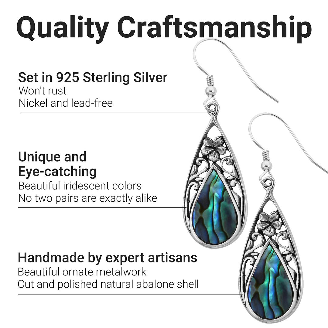 Abalone Shell Drop Dangle Earrings for Women 925 Sterling Silver Openwork - Picture 3 of 8
