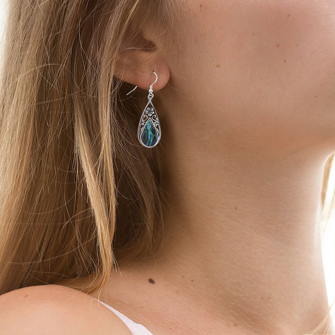 Abalone Shell Drop Dangle Earrings for Women 925 Sterling Silver Openwork - Picture 4 of 8