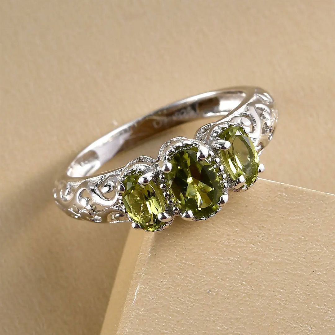 925 Sterling Silver Platinum Plated Peridot 3 Stone Ring Ct 1 Birthday Gifts