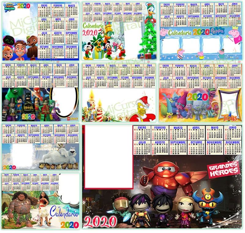 Almanaque infantil Calendarios 2020 editables photoshop gimp png psd jpeg fotos