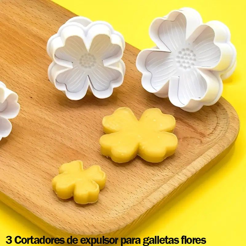 3 Cortadores  de galletas en forma de flor, impresion para pastel tortas flores tremol