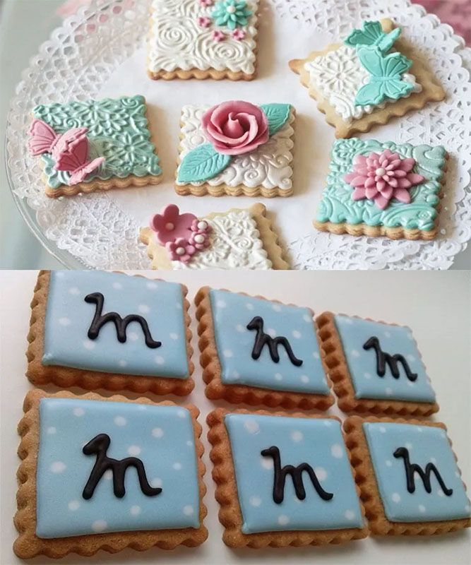 Set cortador de galletas cuadros y decoracion de fondant o pasta de azucar y galletas para recordatorios