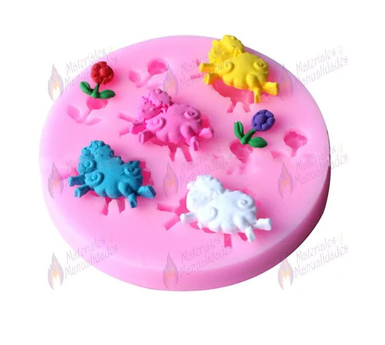Molde en silicona ovejitas y flores para fondant pastel 