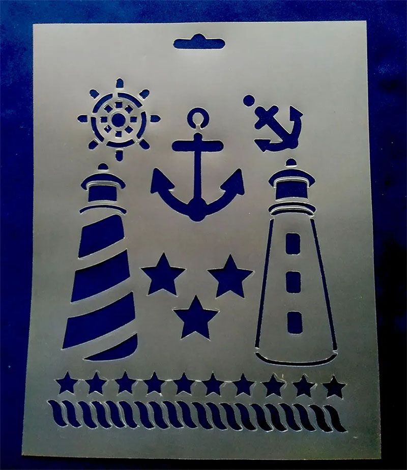 Stencil para manualidades Ancla faro y estrella ondas mar náuticos