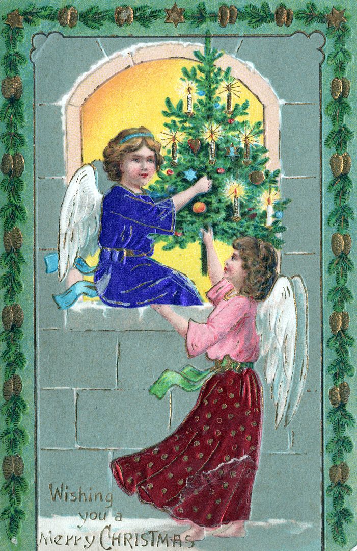 CHRISTMAS - Angels And Candlelit Tree Wishing You A Merry Christmas Postcard - Picture 1 of 2