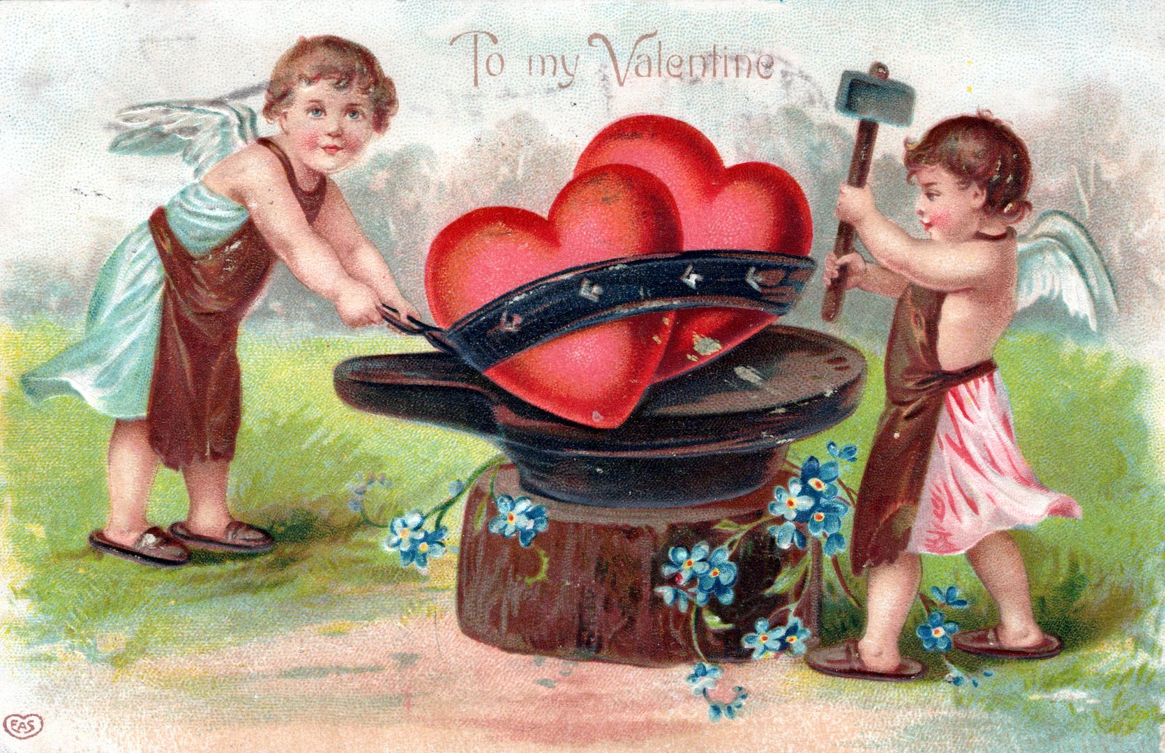 VALENTINE'S DAY - Cupids Working On Hearts To My Valentine Postcard - 1909 - Picture 1 of 2
