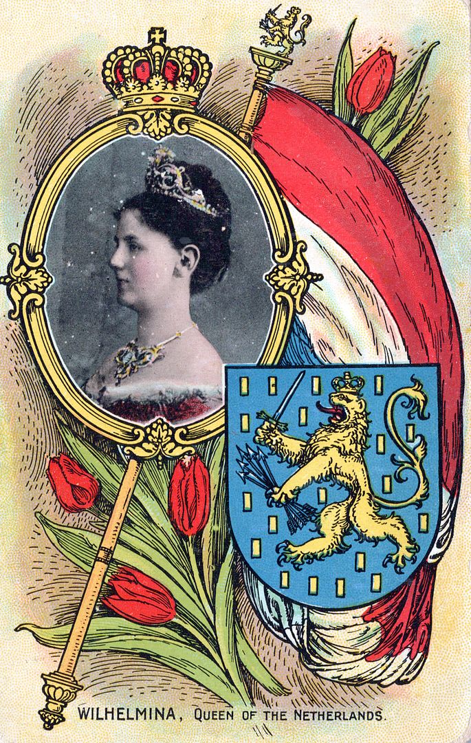 Queen Wilhelmina Of The Netherlands, Flag And Shield Patriotic Postcard - 1908 - Picture 1 of 2