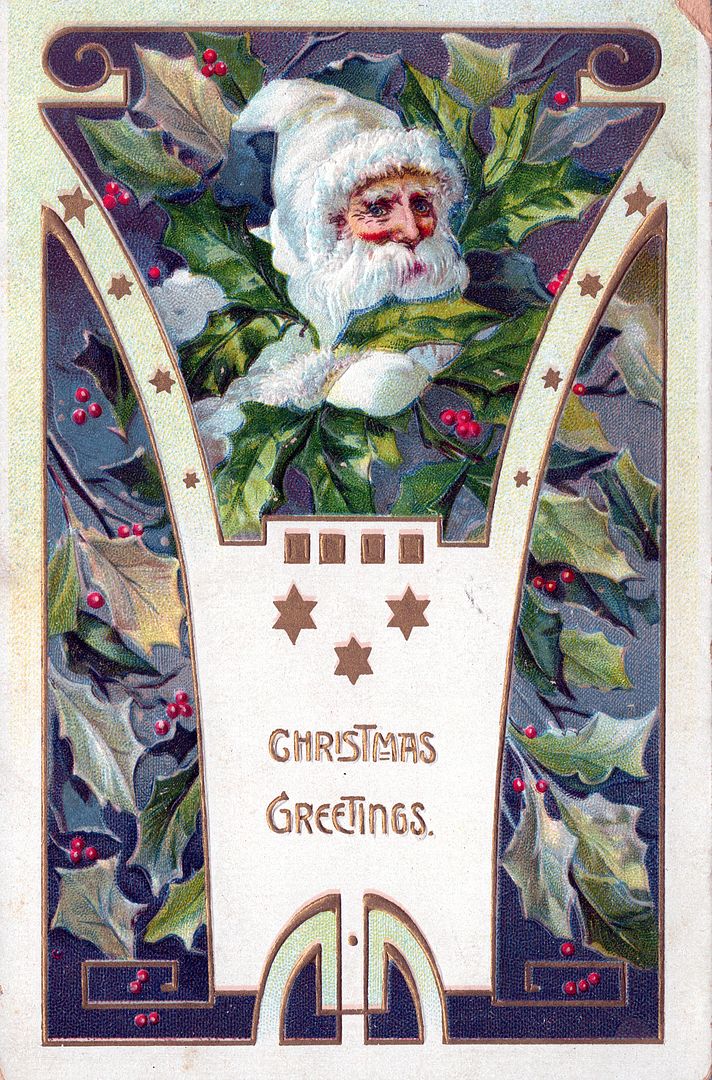 CHRISTMAS - Santa And Leaves Art Deco Christmas Greetings Tuck Postcard - 1909 - Picture 1 of 2
