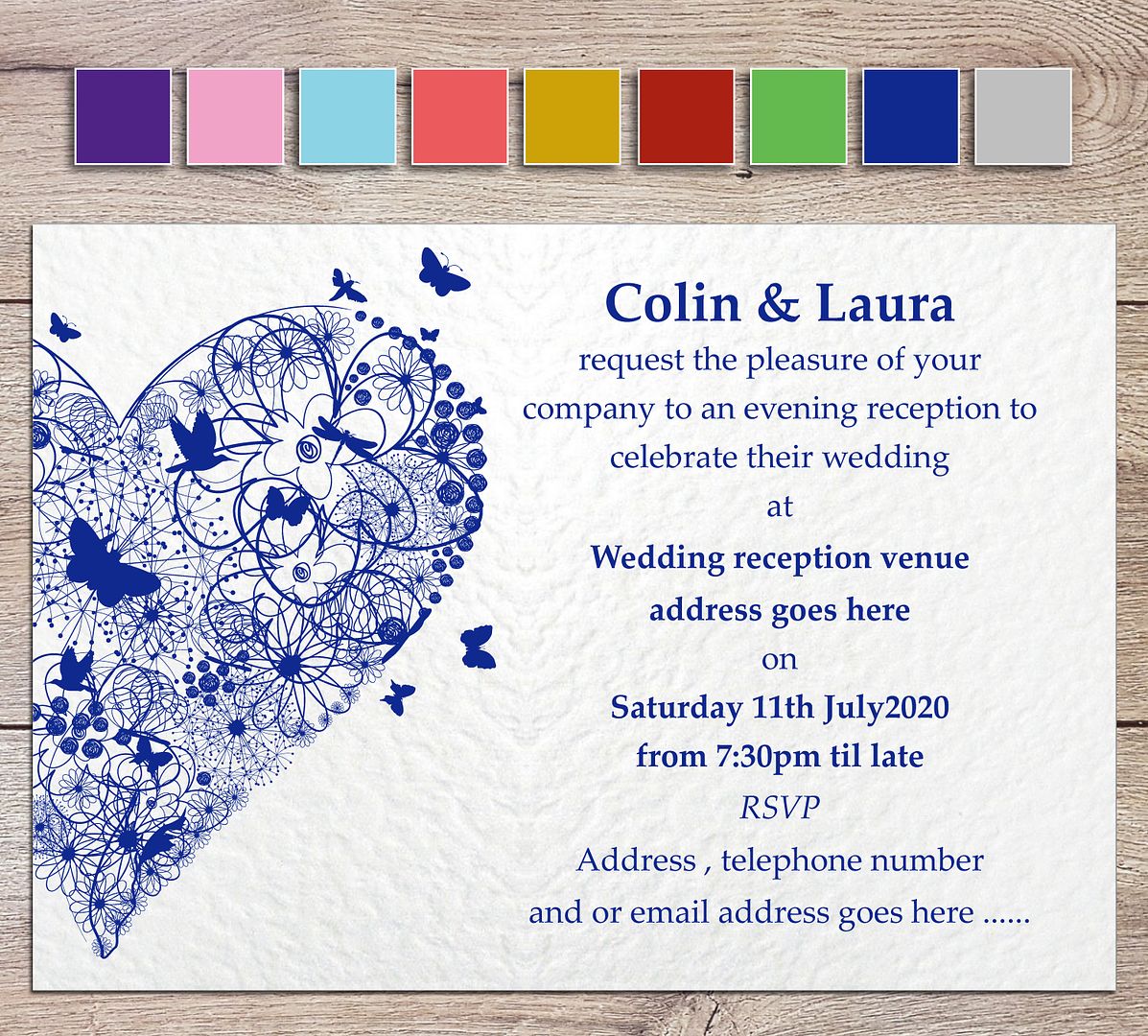 blue personalised wedding invite or evening invitation handmade with white envelopes