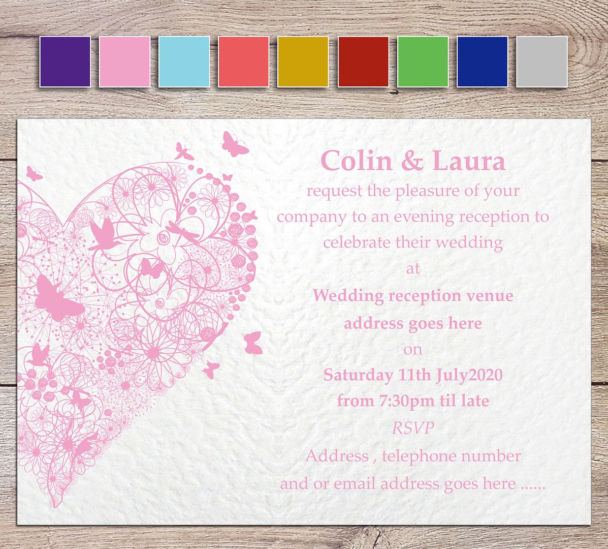 Pink personalised wedding invite or evening invitation handmade with white envelopes