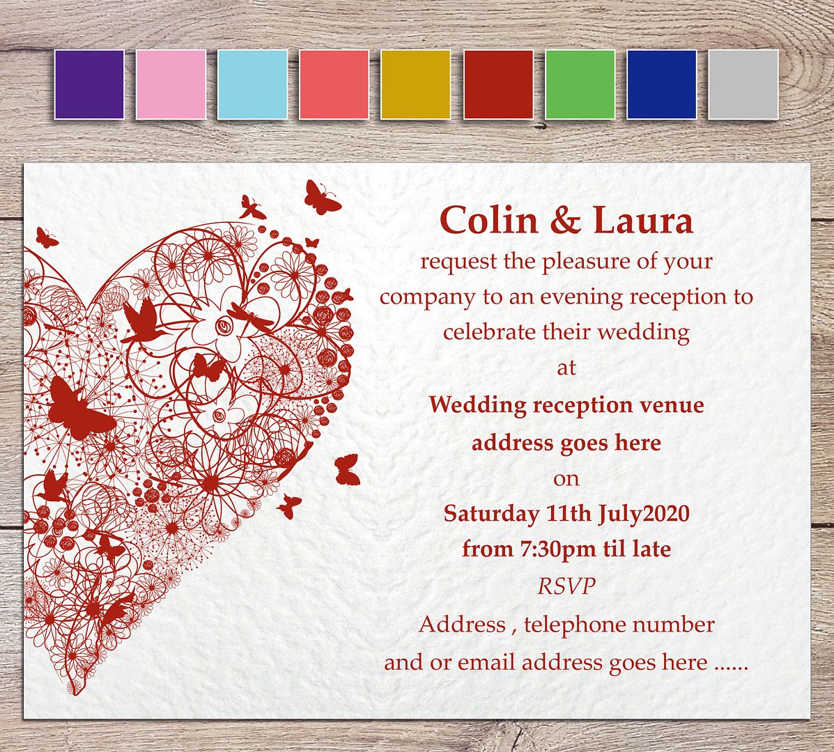 Maroon personalised wedding invite or evening invitation handmade with white envelopes