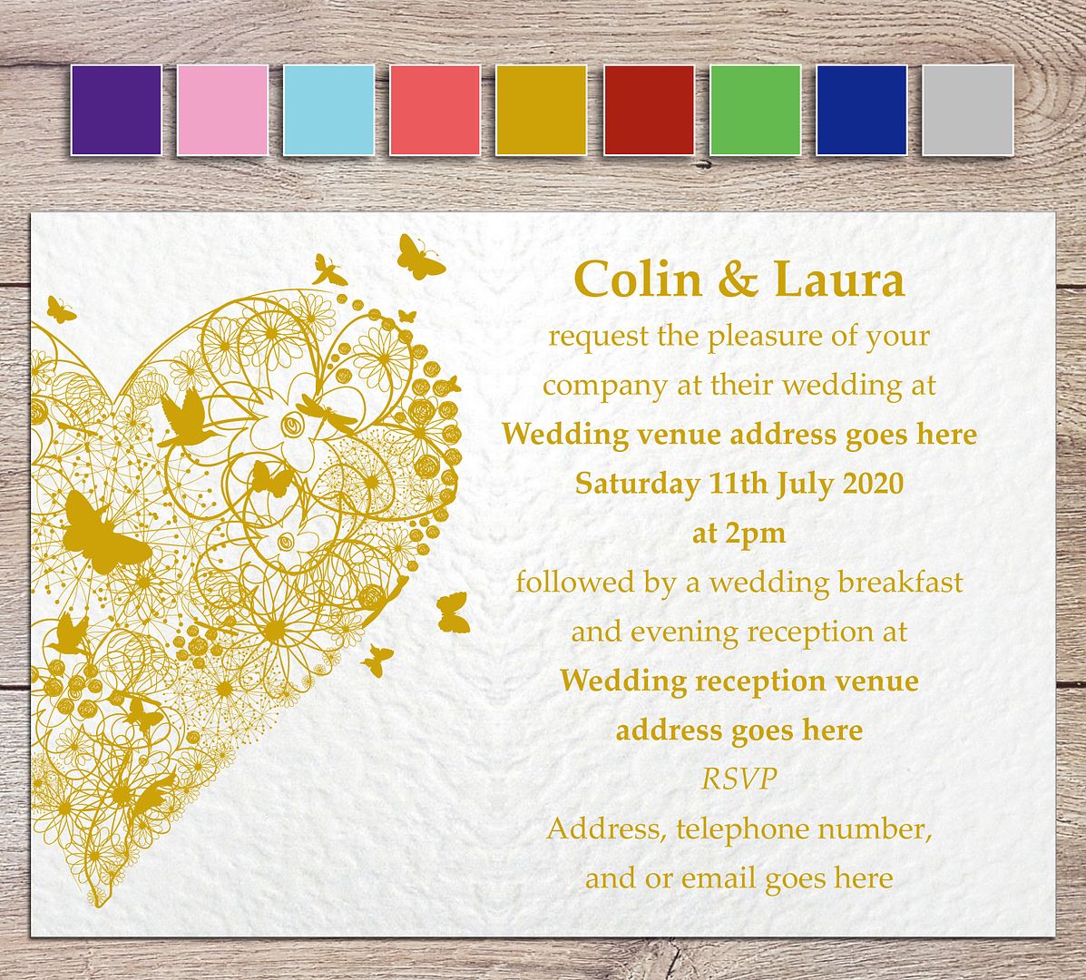 Gold personalised wedding invitation or evening invite handmade with white envelopes