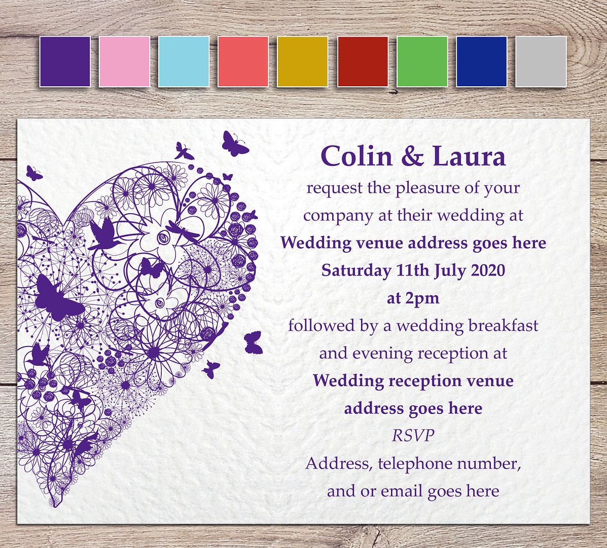 Purple personalised wedding invitation or evening invite handmade with white envelopes