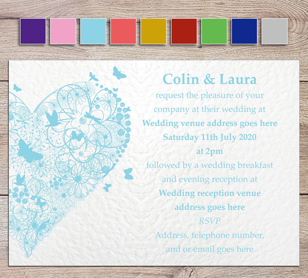 Light blue personalised wedding invitation or evening invite handmade with white envelopes