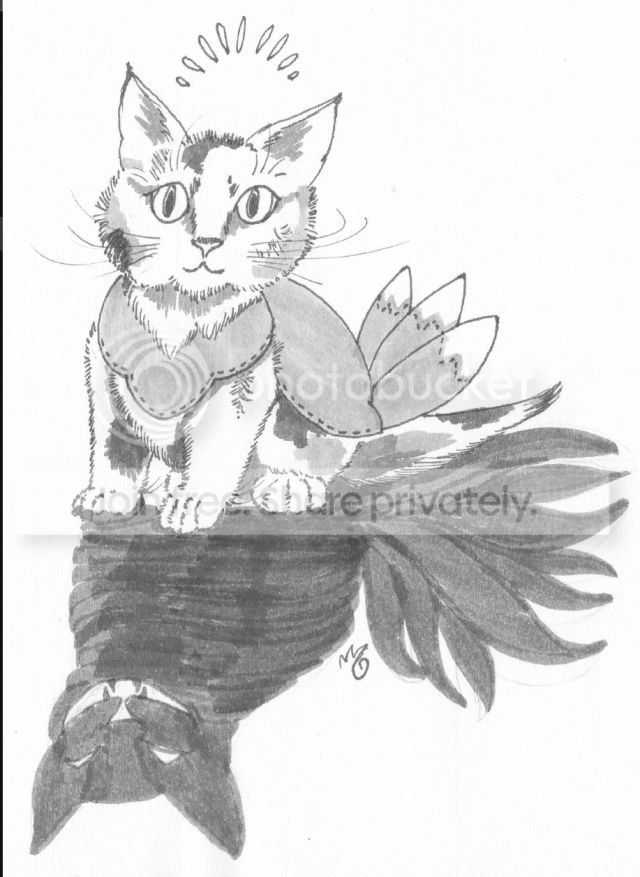 A fuzzy calico kitten wears a three-tailed fox costume. Her shadow has a full complement of nine tails and a Jack o' Lantern grin.