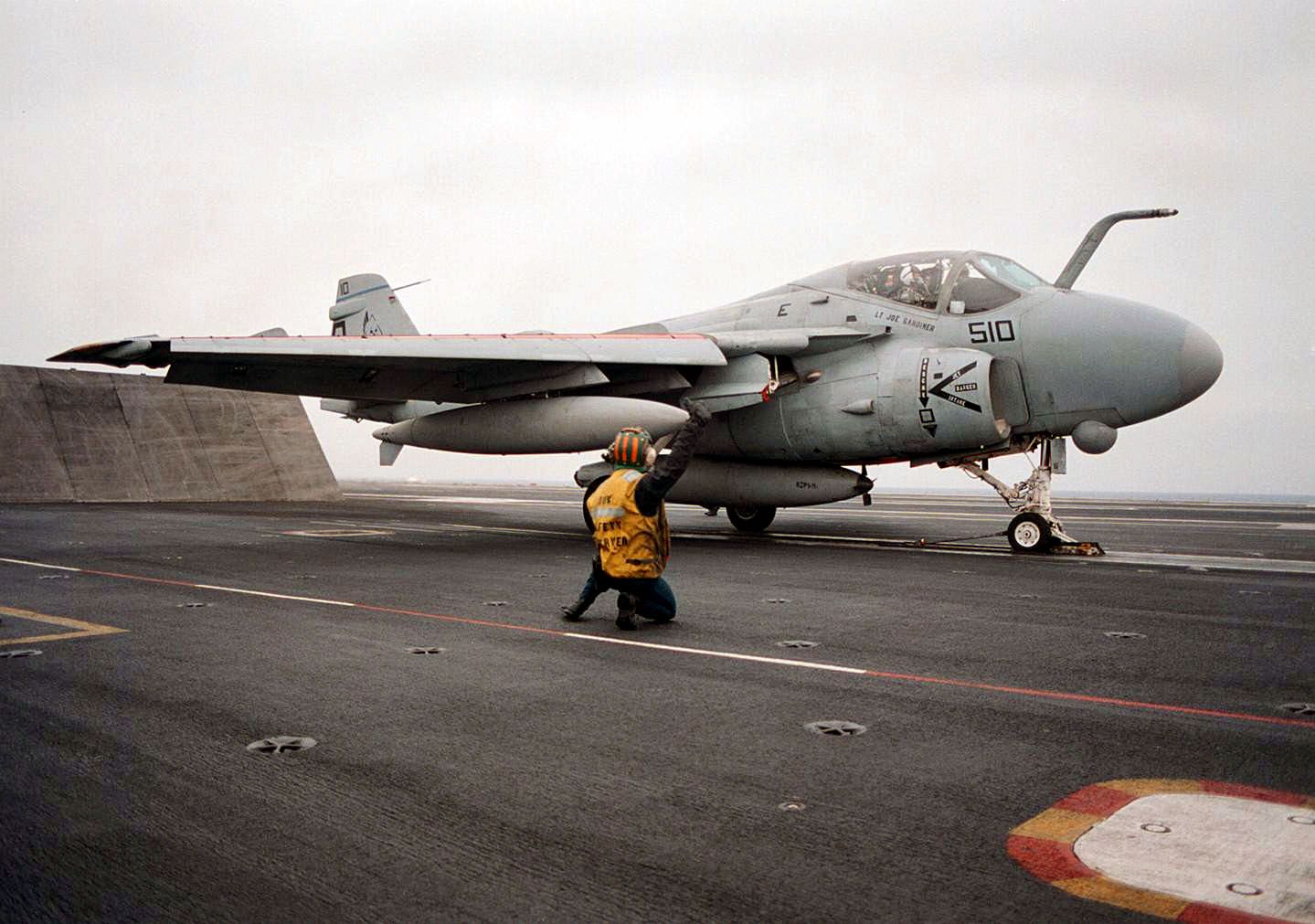 A 6E Intruder Assigned To The Blue Blasters Of Fighter Attack Squadron Three Four Prepares To Launch From The Flight Deck In The Support Of Operation Joint Endeavor