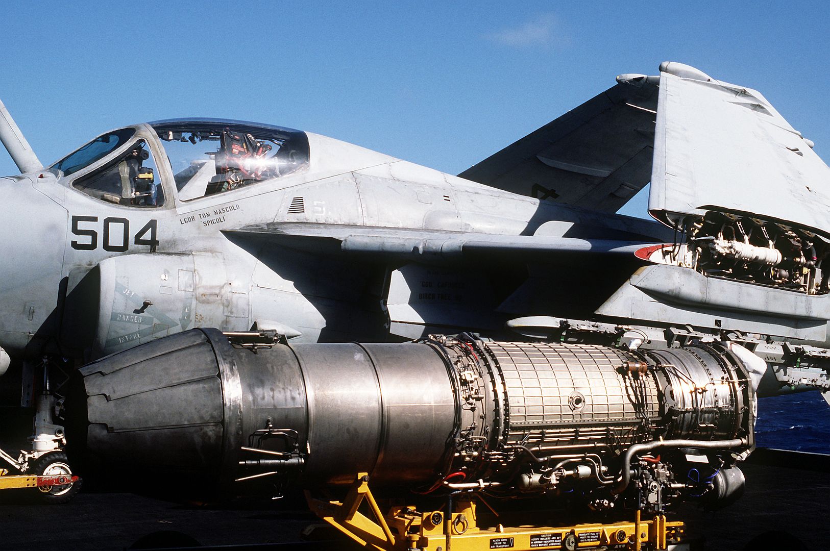 A Pratt Whitney J 52 P 8B Turbojet Engine Rest On A Engine Transportation Cart On The Flight Deck Of The Nuclear Powered Aircraft Carrier USS ABRAHAM LINCOLN