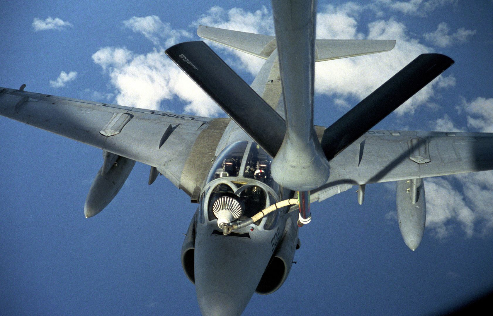 A US Navy A 6E Intruder Connects With The Refueling Drogue From The Boom Of A US Air Force KC 135 Stratotanker