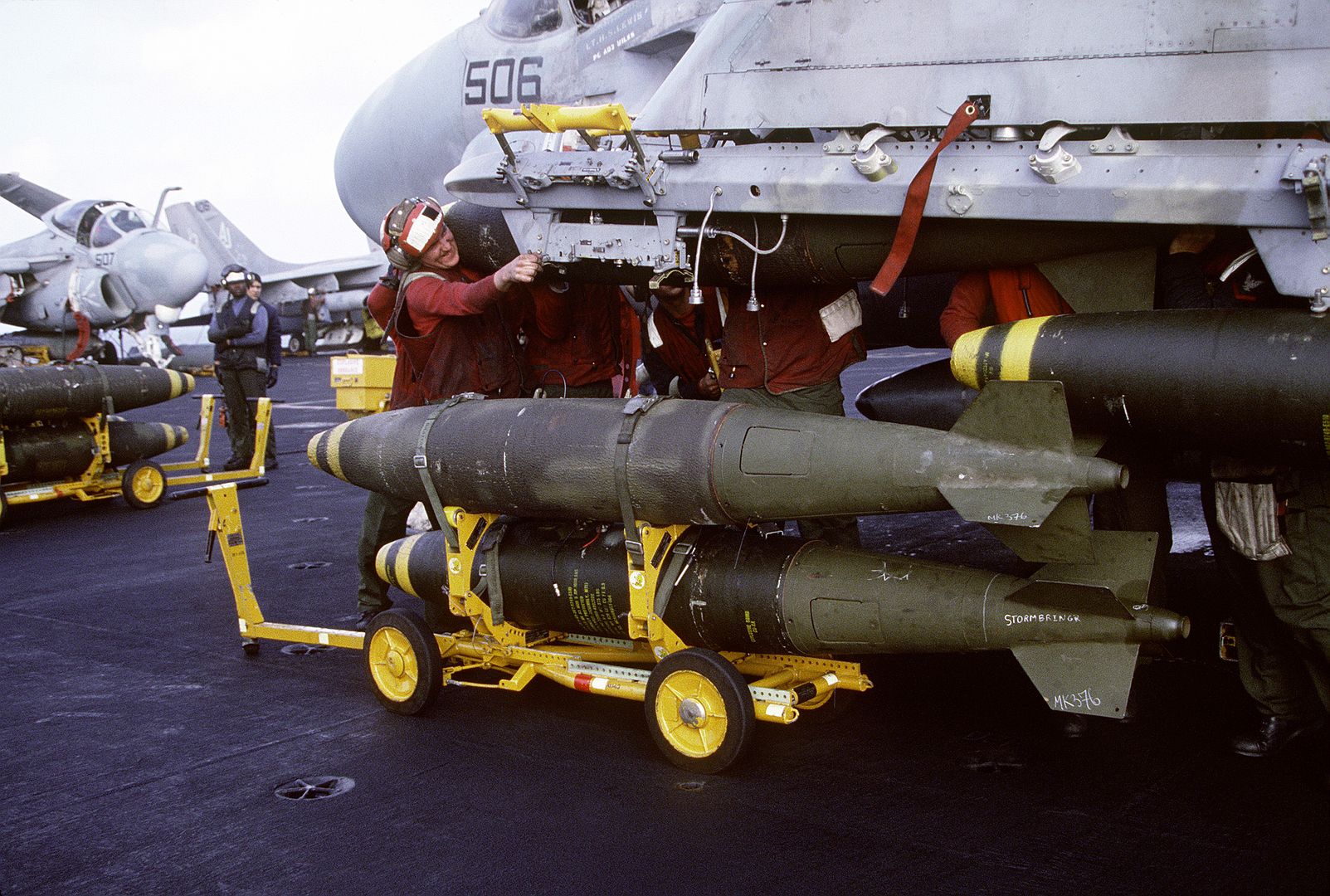 A Front View Of An A 6E Intruder Aircraft Armed With Mark 82 500 Pound Bombs Parked On The Flight Deck Of The Nuclear Powered Aircraft Carrier USS NIMITZ 1