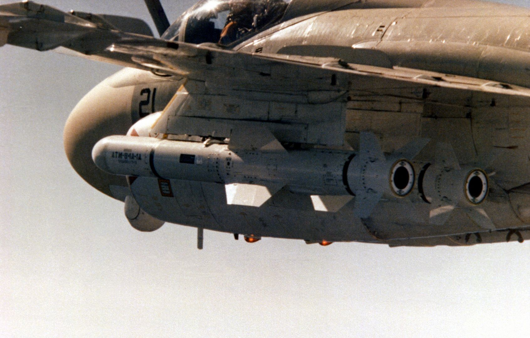 A Left Side View Of An A 6 Intruder Aircraft With Two Wing Mounted AGM 84 Harpoon Missiles