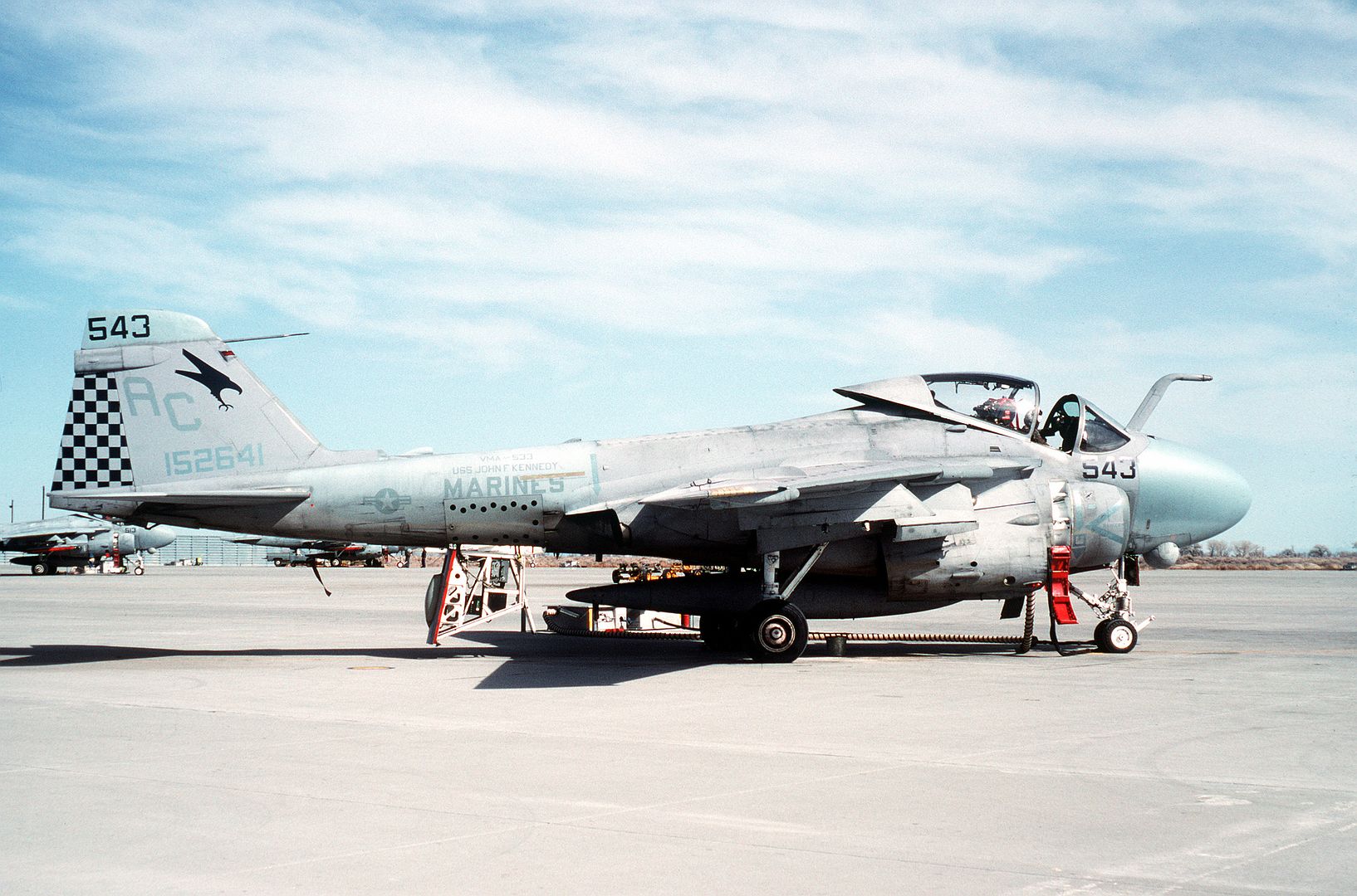 A Right Side View Of A Marine All Weather Attack Squadron 533 A 6E Intruder Aircraft Being Serviced On The Flight Line
