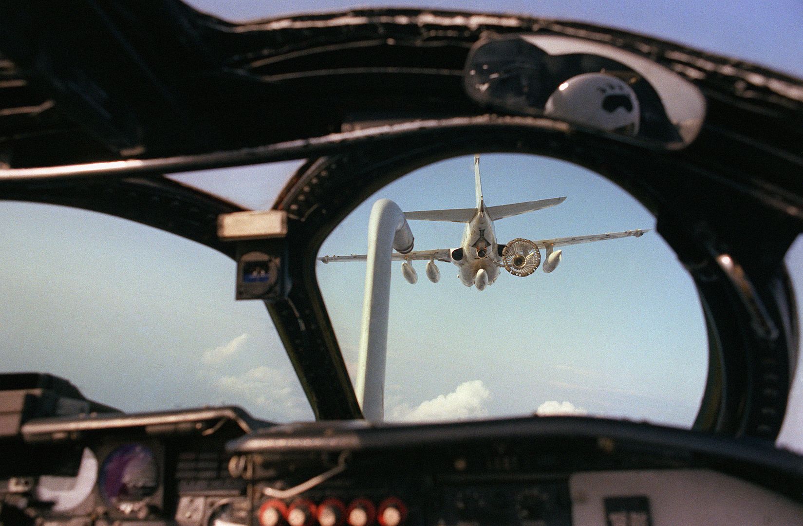 A View From The Cockpit Of A A 6E Intruder Aircraft As It Approaches A KA 6D Intruder Aircraft For Aerial Refueling