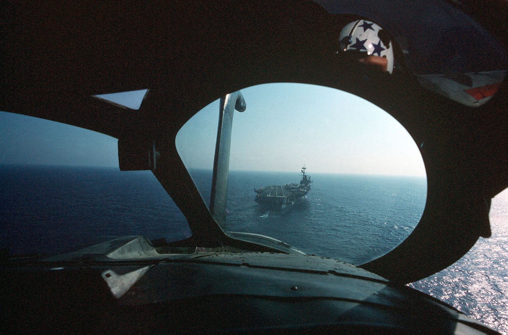 A View From The Cockpit Of An Attack Squadron 176 KA 6D Intruder Aircraft As It Approaches The Stern Of The Aircraft Carrier USS FORRESTAL