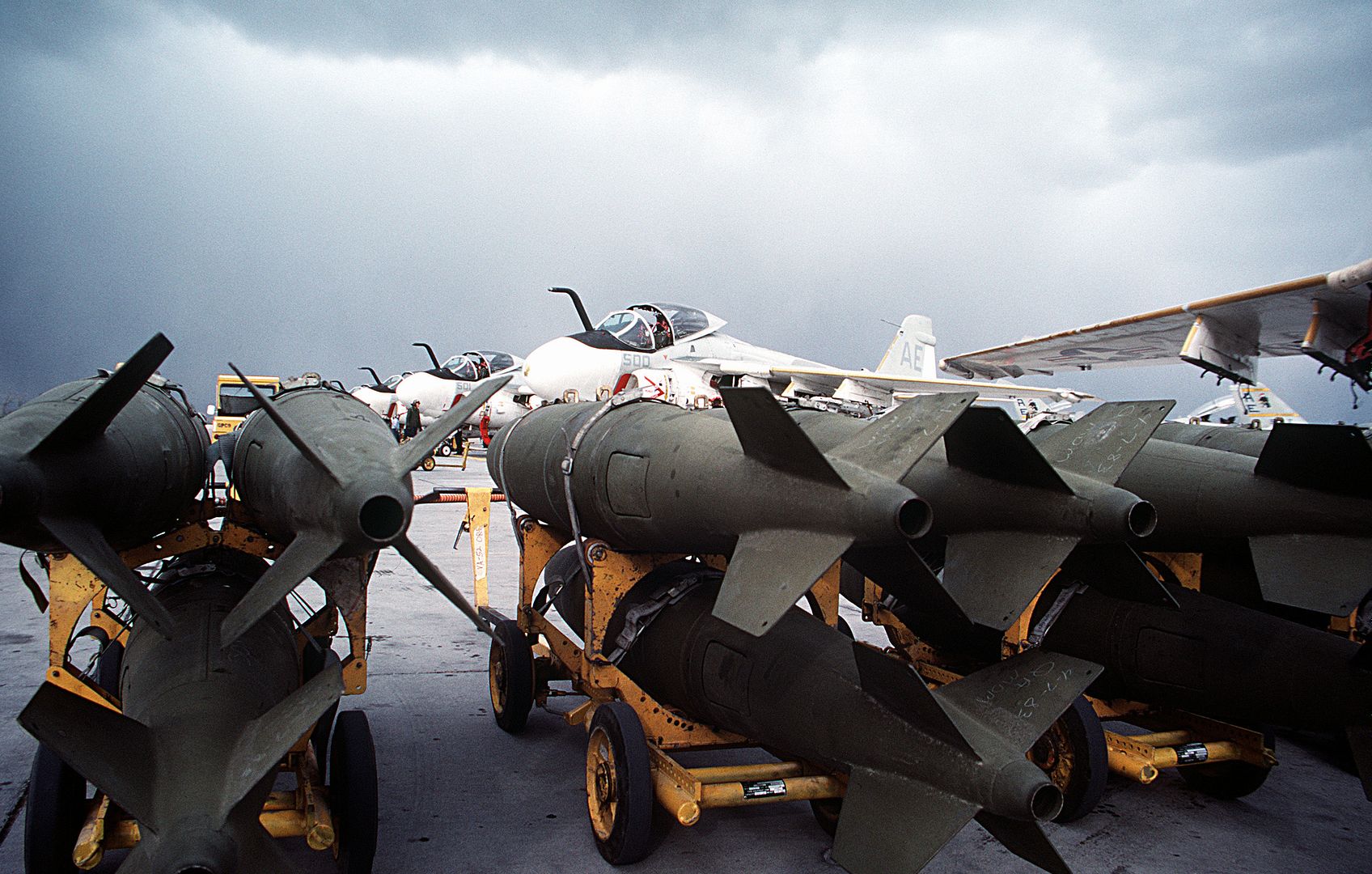 A View Of Bombs On The Flight Line Prior To Loading Operations With A 6E Intruder Aircraft From Carrier Air Wing 6