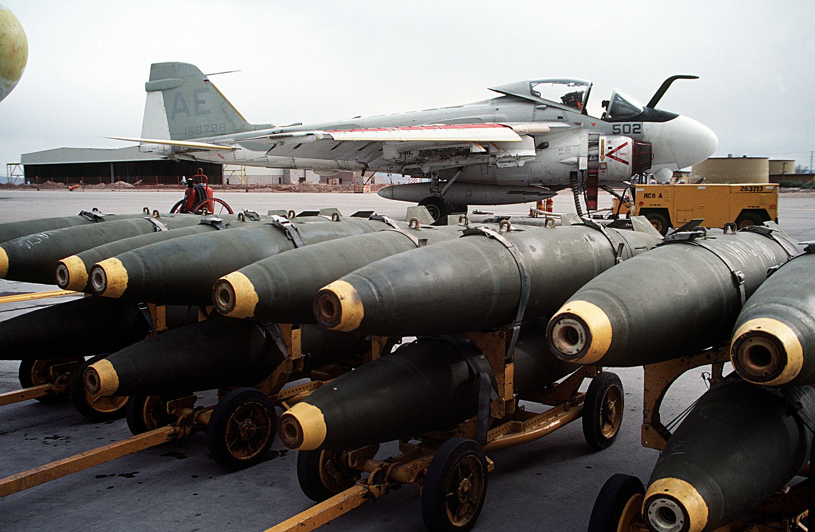 A View Of Bombs On The Flight Line Prior To Loading Operations With A 6E Intruder Aircraft From Carrier Air Wing Six