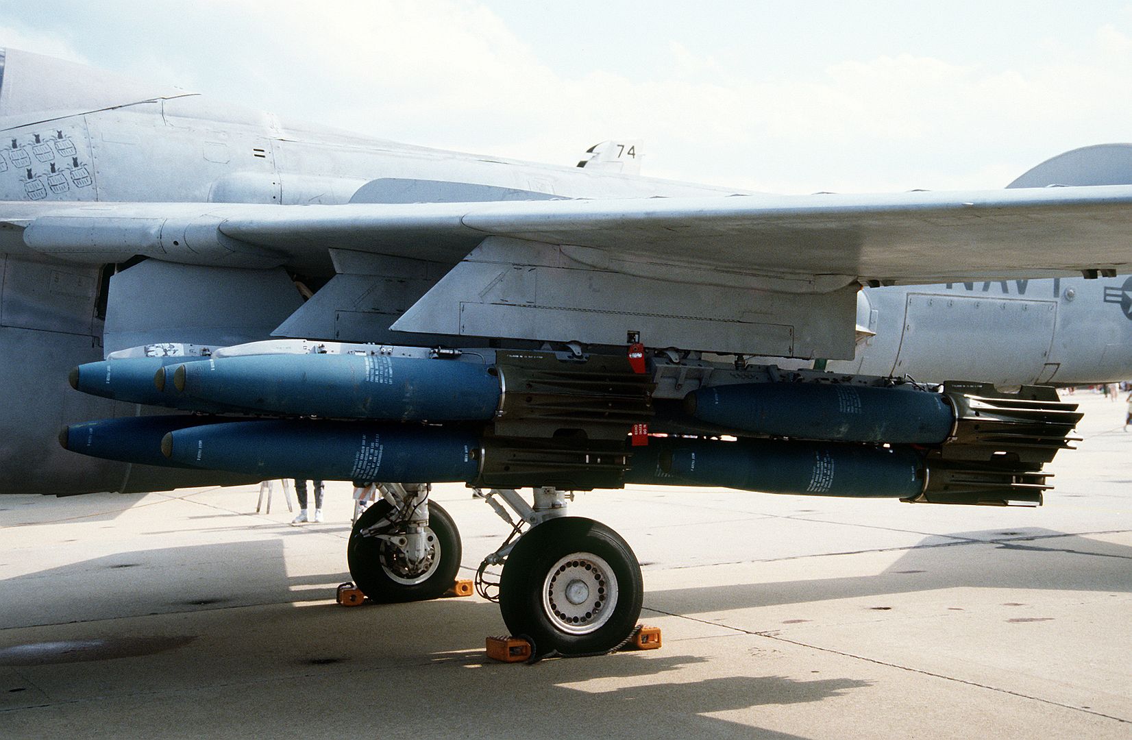 A View Of Several BDU 45 B 500 Pound Practice Bombs Mounted On The Wing Pylons Of An A 6E Intruder Aircraft On Display At An Open House And Air Show