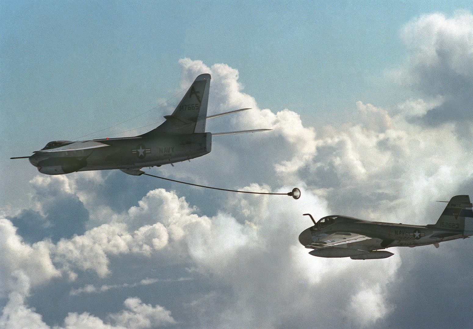Air To Air View Of An A 3 Skywarrior Aircraft Preparing To Refuel An A 6 Intruder Aircraft Rear