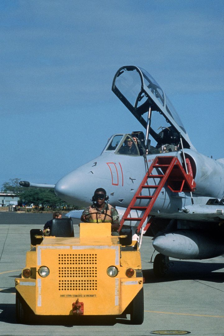 4 Skyhawk Aircraft Is Towed To A Hangar By Maintenance Personnel During Exercise COPE CANINE 85