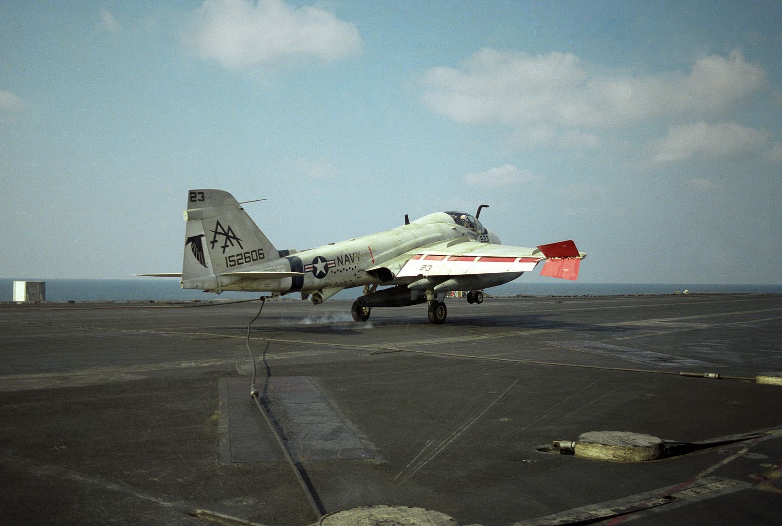 An A 6E Intruder Aircraft Engages An Arresting Cable While Landing Aboard The Aircraft Carrier USS SARATOGA 