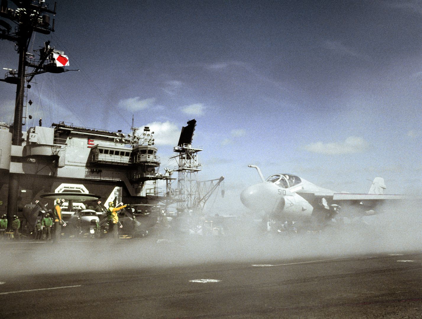 An A 6E Intruder Aircraft Is Positioned For Launch On The Flight Deck Of The Aircraft Carrier USS CONSTELLATION