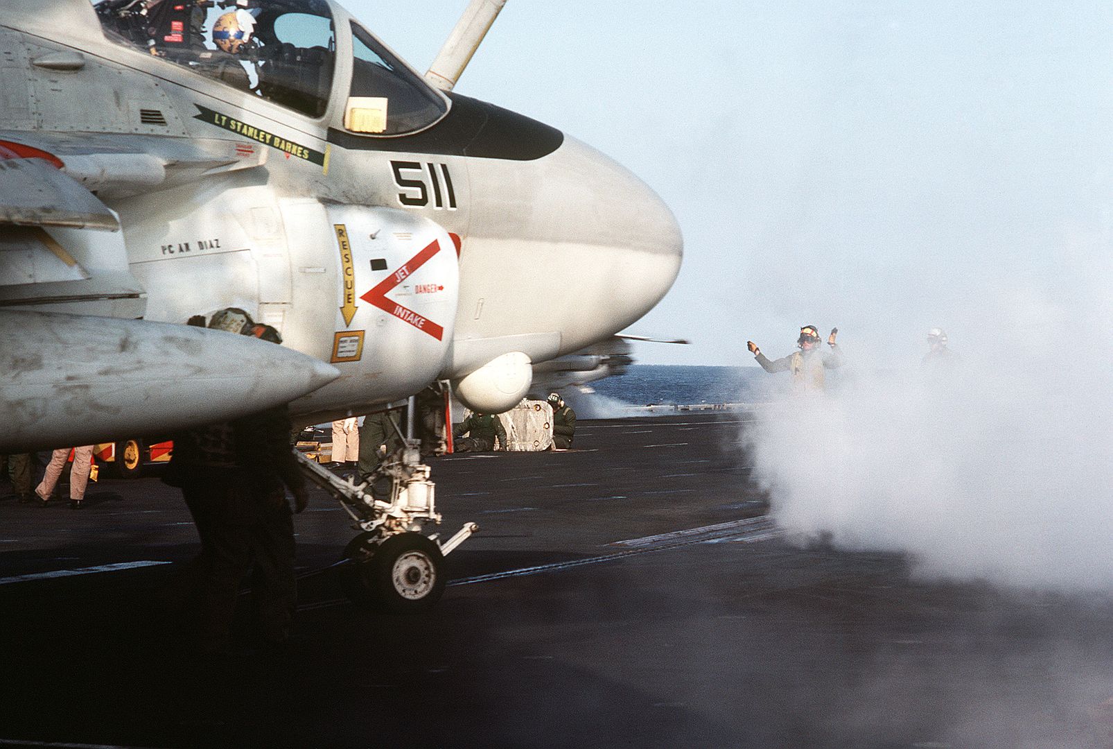 An A 6E Intruder Aircraft Is Positioned On A Catapult During Flight Operations Aboard The Aircraft Carrier USS MIDWAY 