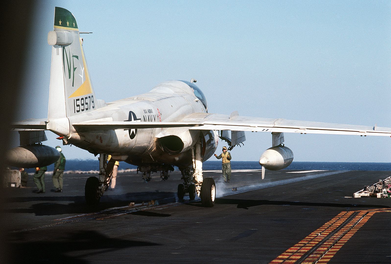 An A 6E Intruder Aircraft Is Positioned On A Catapult On The Flight Deck Of The Aircraft Carrier USS MIDWAY 