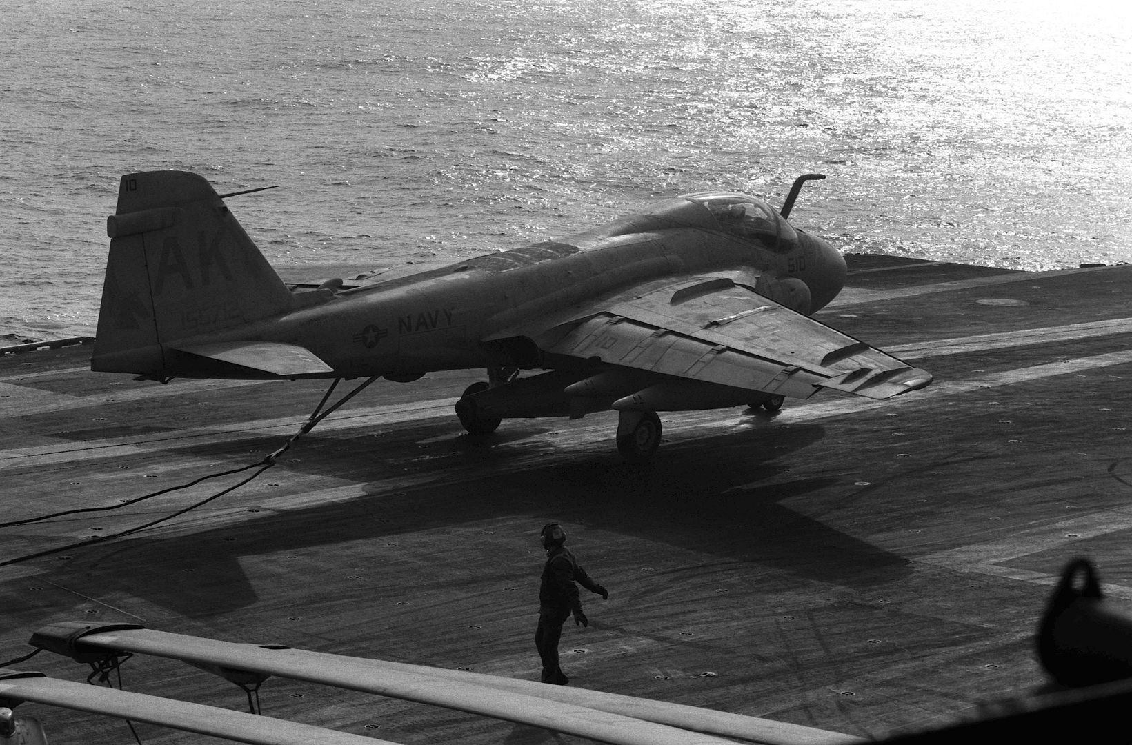 An A 6E Intruder Aircraft Shortly After Landing On The Flight Deck Of The Aircraft Carrier USS CORAL SEA