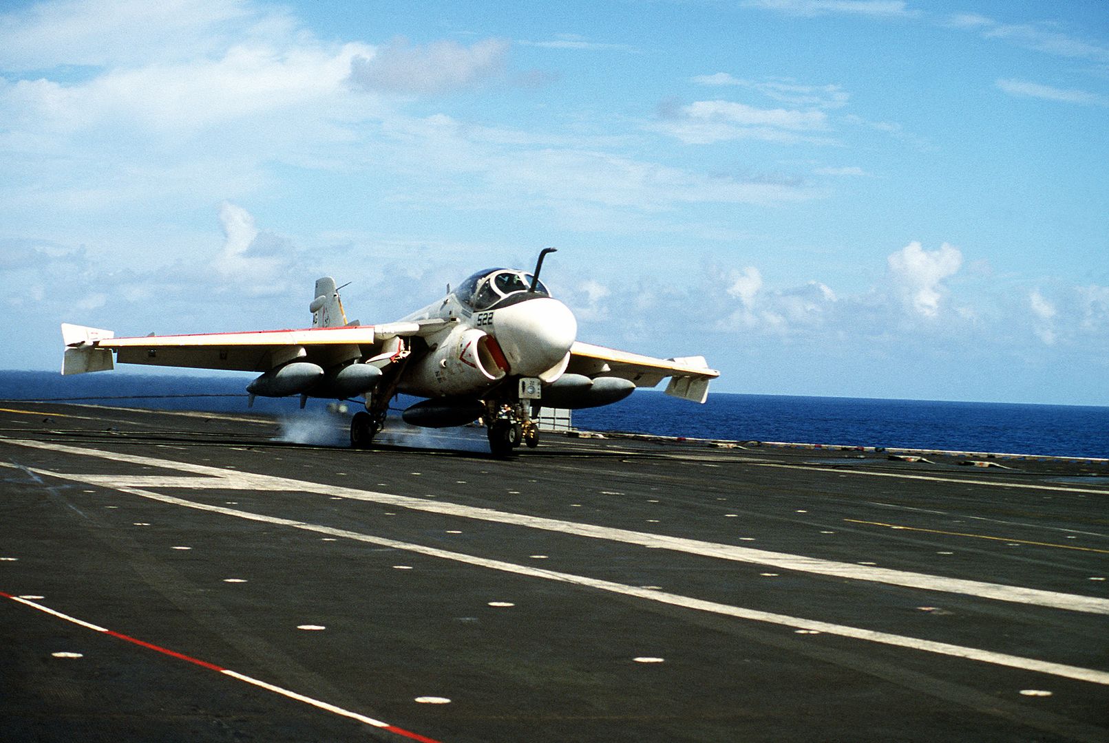 An A 6 Intruder Aircraft Engages An Arresting Cable After Landing Aboard The Aircraft Carrier USS SARATOGA 