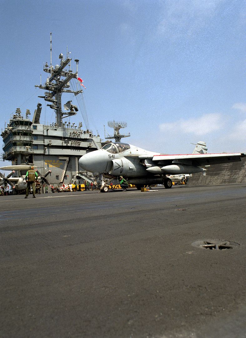 An Attack Squadron 36 A 6E Intruder Aircraft Stands Ready For Launch On The Flight Deck Of The Nuclear Powered Aircraft Carrier USS THEODORE ROOSEVELT