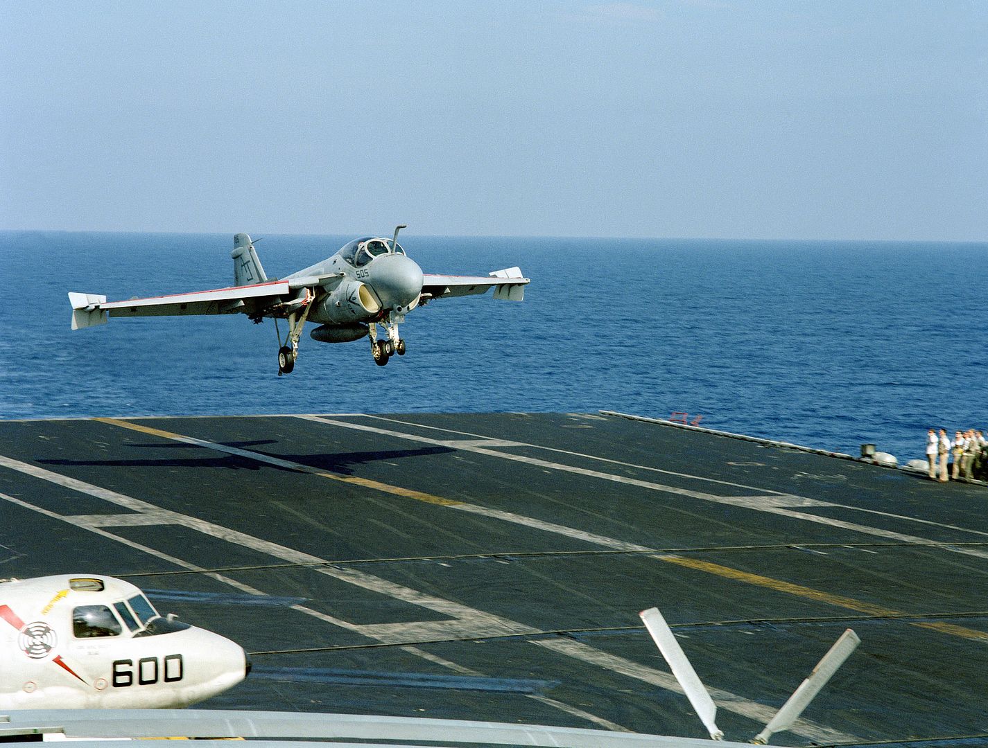 An Attack Squadron 65 A 6E Intruder Aircraft Comes In For An Arrested Landing Aboard The Nuclear Powered Aircraft Carrier USS THEODORE ROOSEVELT